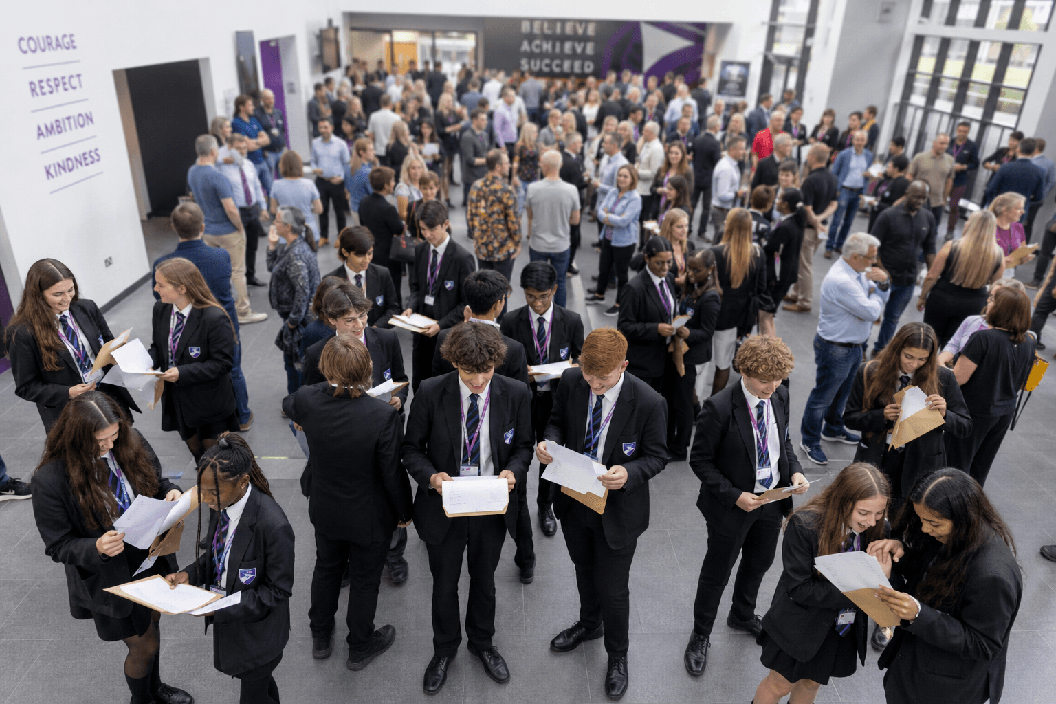 Students at a UK secondary school reading their exam results